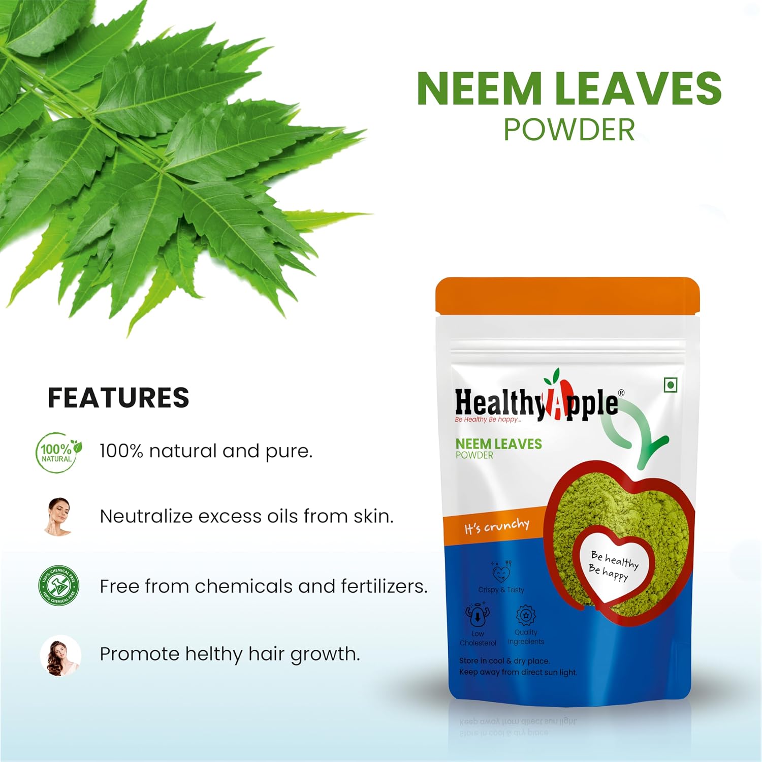 Healthy Apple Pure Neem Leaves Powder (100g) - 100% Natural Ayurvedic Herbal Supplement for Acne Control, Glowing Skin, Anti-Dandruff Hair Masks & Scalp Nourishment - Multipurpose Face Pack