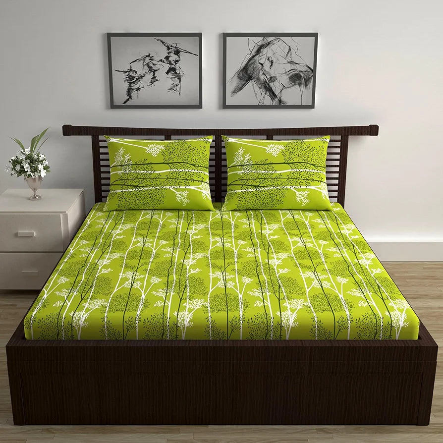 Divine Casa Double Size Bedsheet for Double Bed, 144 TC Pure Cotton Queen Size with 2 Pillow Covers Floral Colour Green & White