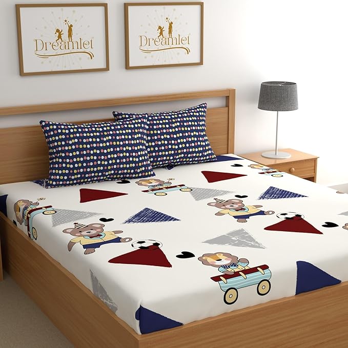 Dreamlet Premium Cotton Flat Double Bedsheets With 2 King Size Pillow Covers Double Bed Breathable | White & Blue