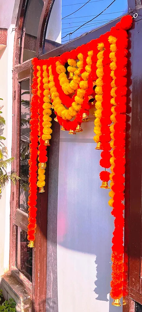 Artificial Fluffy Marigold Bandhanwar with Bell – 40 Inch Yellow Mango Flower Sign Of Beauty Bandanwar