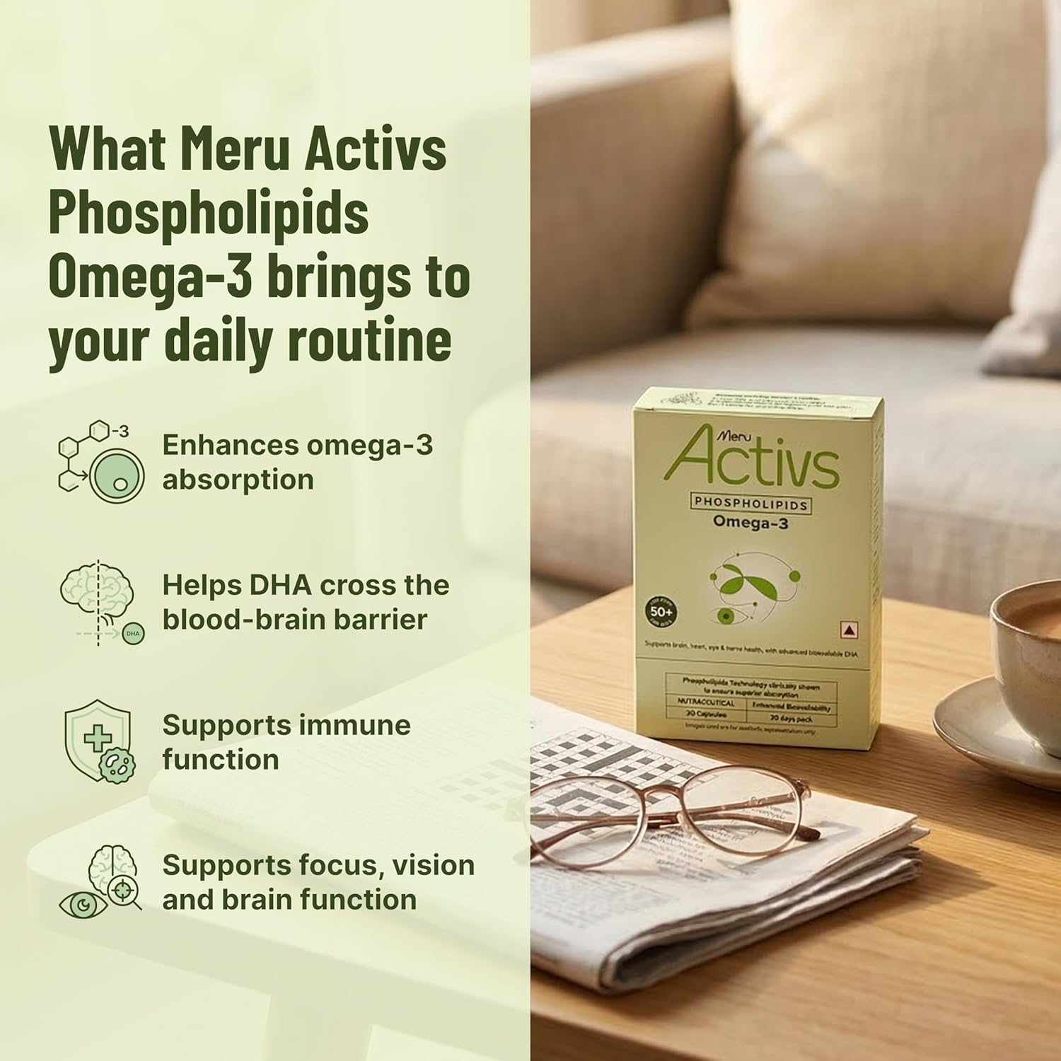 Phospholipids Omega 3 Supplement for Adults 50+ | Algal DHA 250 mg | Enhanced Absorption Phospholipid Formula for Brain Eye and Heart Support Capsules | 30 Capsules