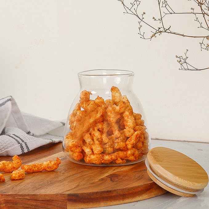 Femora Kitchen Storage Jars Borosilicate Glass With Wooden Lid Air Tight Jar | 450 Ml | Pack of 4