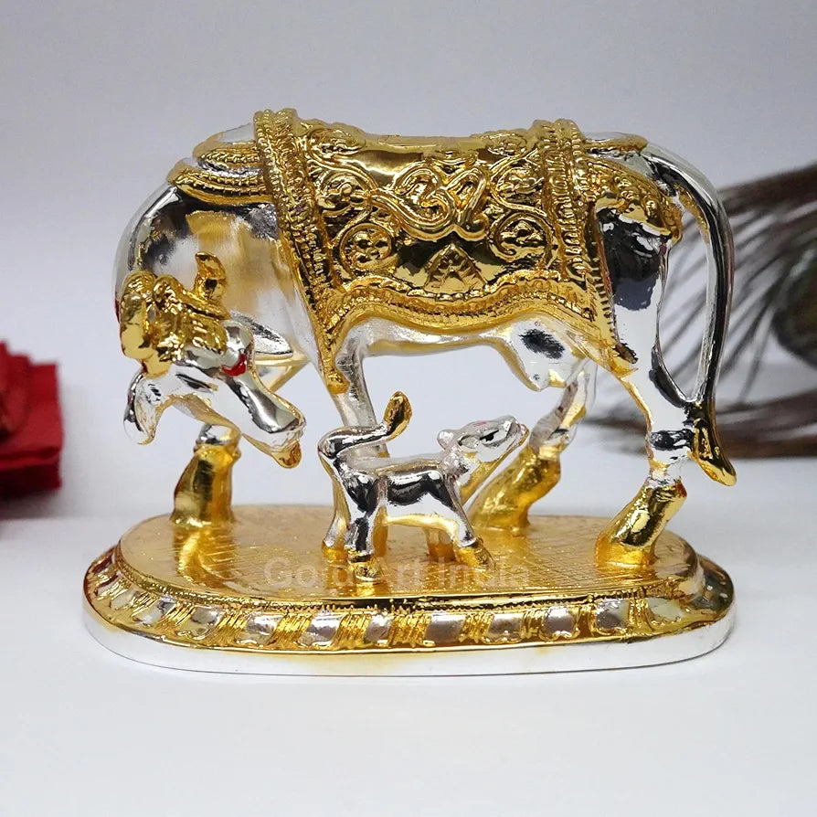 Gold Art India Om Kamdhenu Cow with Calf for Gold & Silver Plated - 4 inch