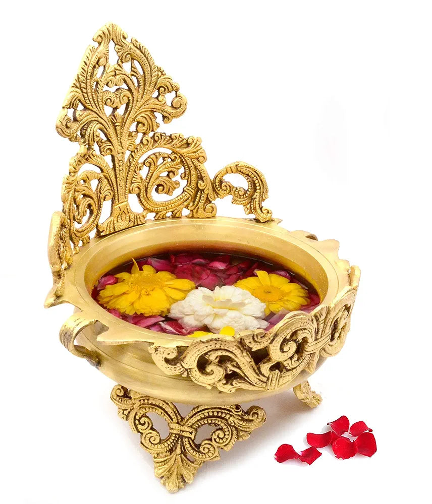 Two Moustaches 10.5 Inches Ethnic Design Brass Urli Traditional Bowl Decor Showpiece