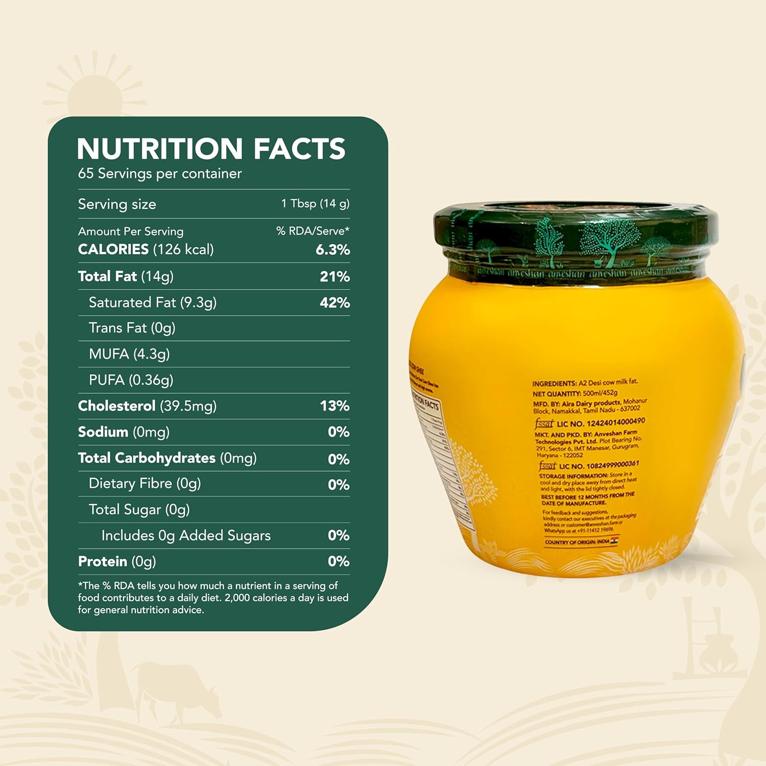 Anveshan A2 Cow Ghee 500ML | Desi Ghee in Glass Jar | Bilona Method | Grass-Fed | Curd-Churned | Cultured Ghee | Pure, Natural, Healthy | Keto-Friendly | Lab Tested