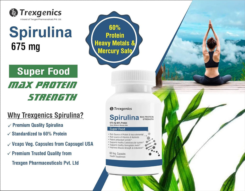Trexgenics SPIRULINA 675 mg MAX Strength Protein 60%, Super Green Food (60 Vcaps) (1)