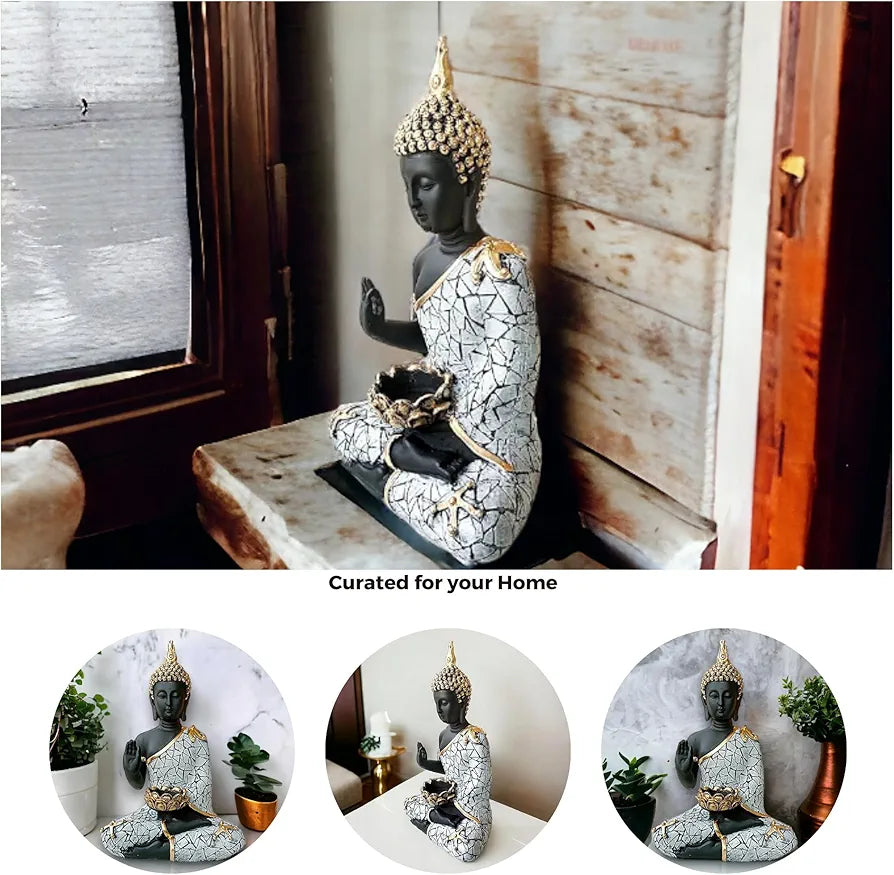 Neelaya Meditating Buddha Statue With Tealight Holder Polyresin Showpiece 28 Cm Black Grey