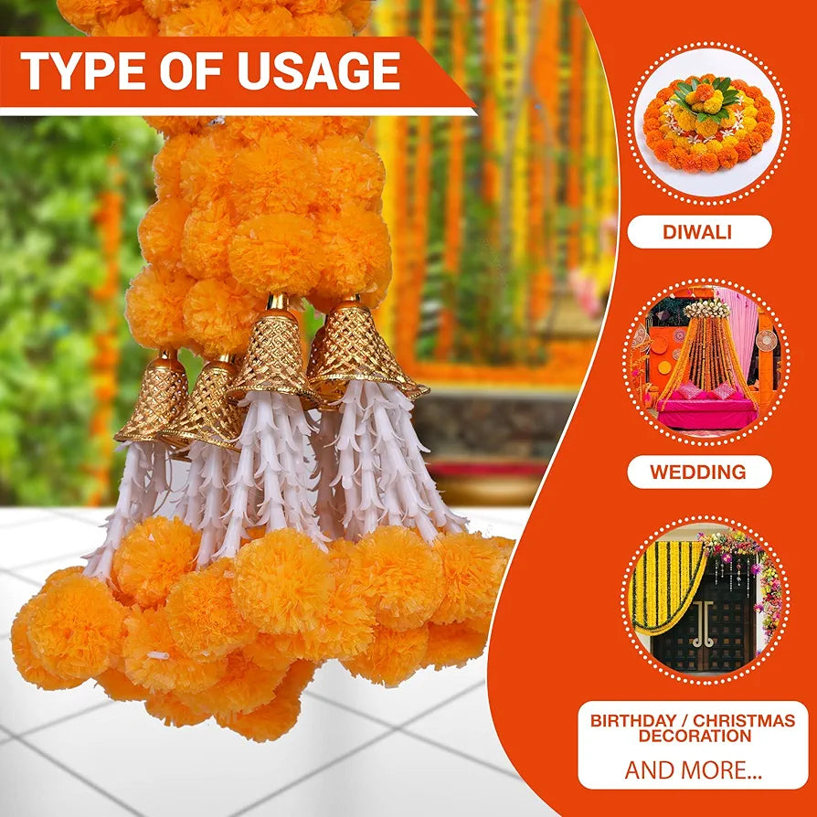 Marigold Artificial Flowers for Decoration Long Garland 5 Feet Long 5 Pcs Mangobell