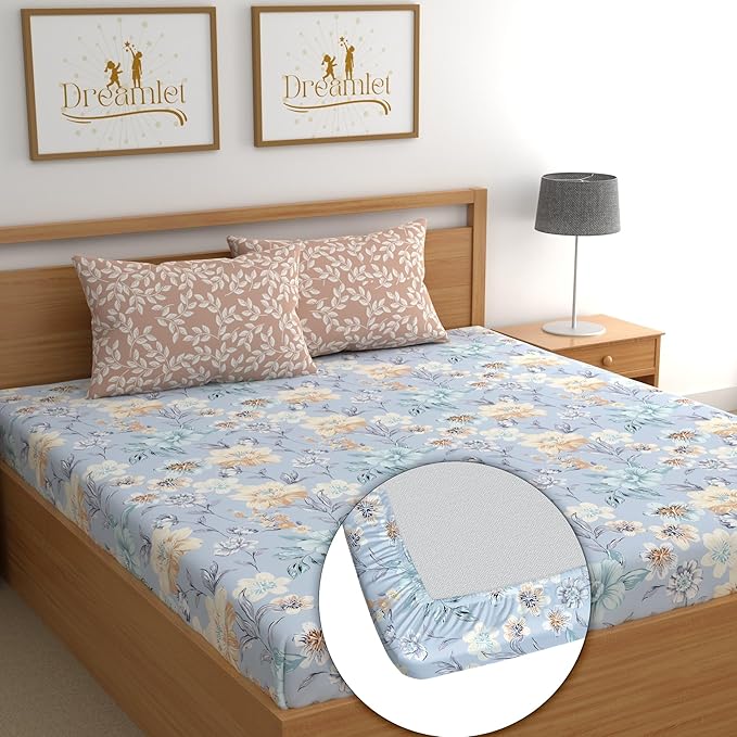 Dreamlet All Around Elastic Supersoft 210tc Premium Cotton Elastic Fitted Bedsheets With 2 King Size Pillow Covers | Blue