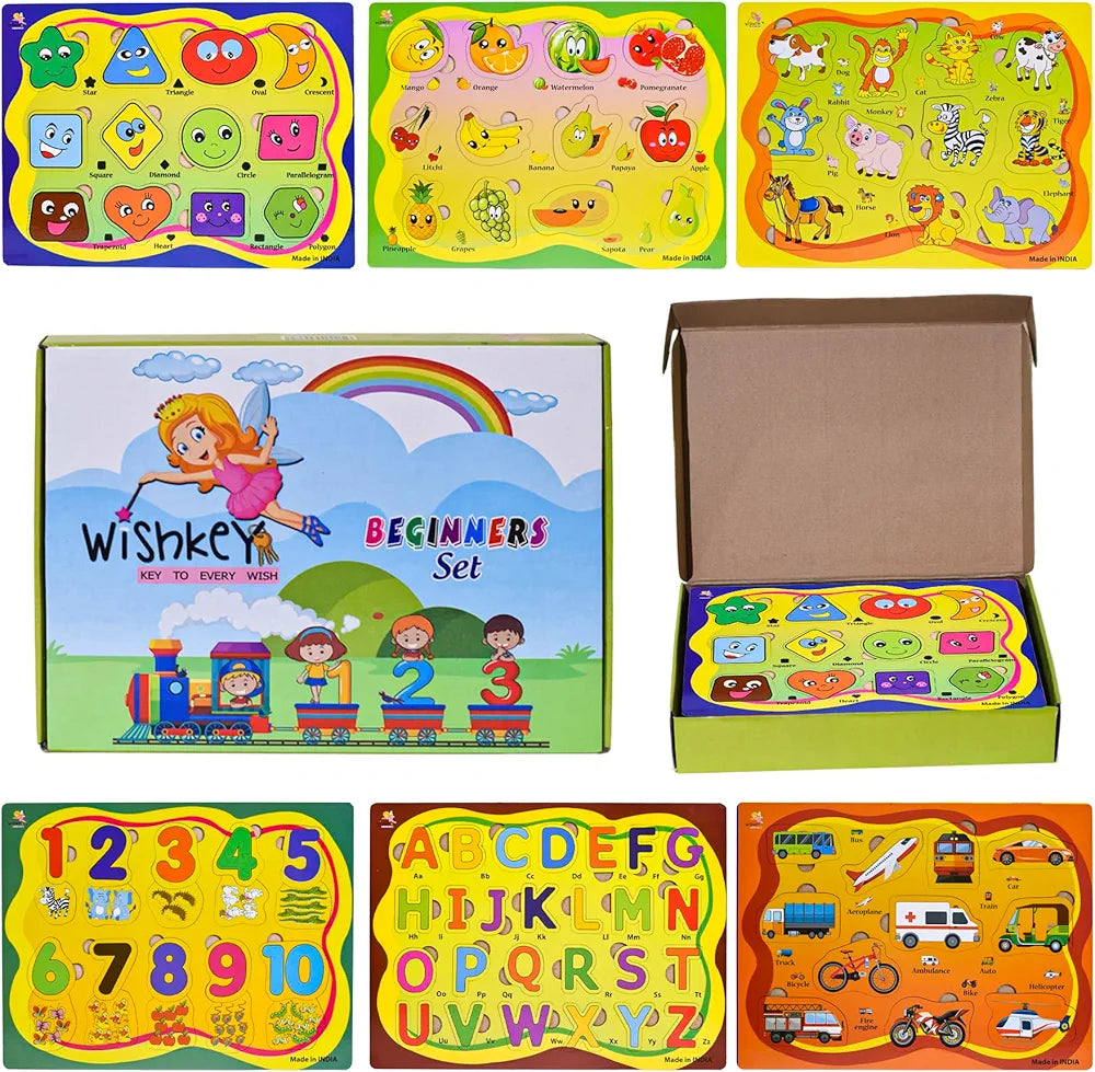 Wishkey Wooden Educational Colorful Fruits,Animal,Number,Geomatric Shape,Vehicle,Alphabet Set of 6 Board Puzzle