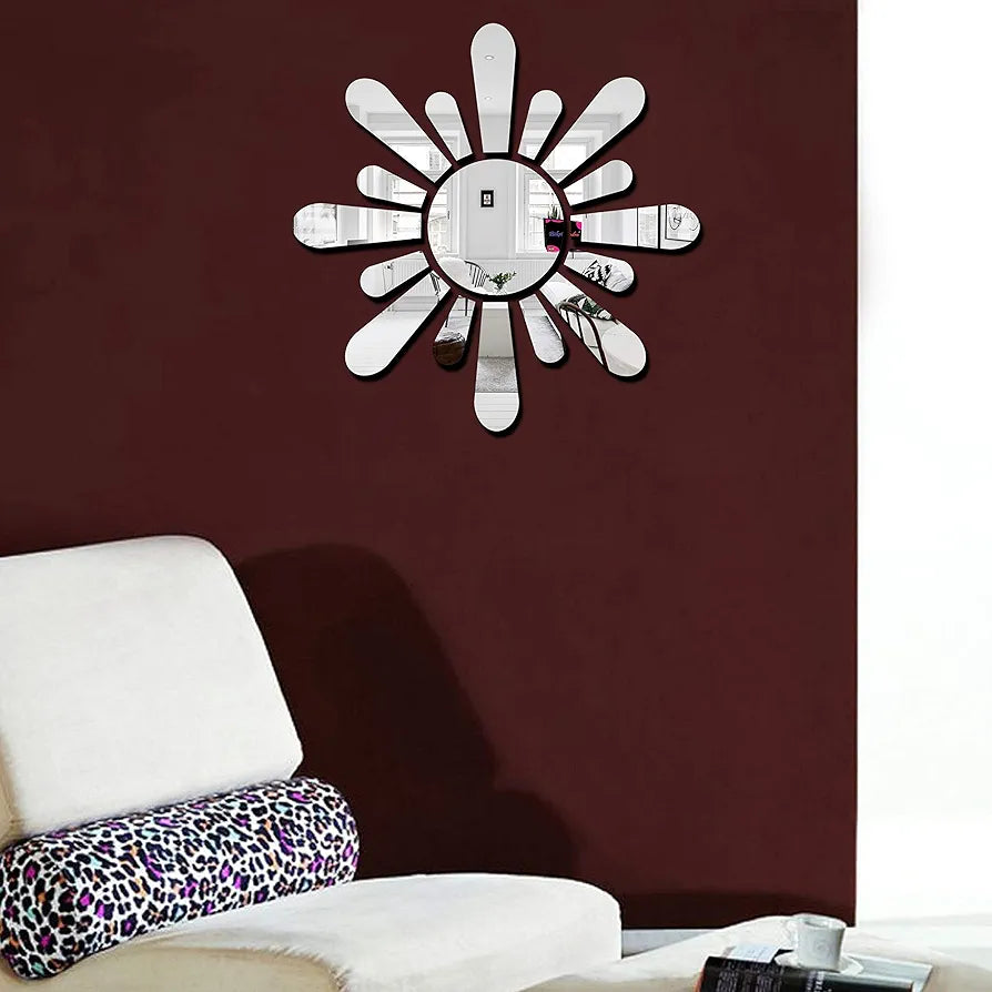 Bikri Kendra Sun Silver Model-12 Mirror Stickers for Wall, Acrylic Mirror Wall Decor Sticker