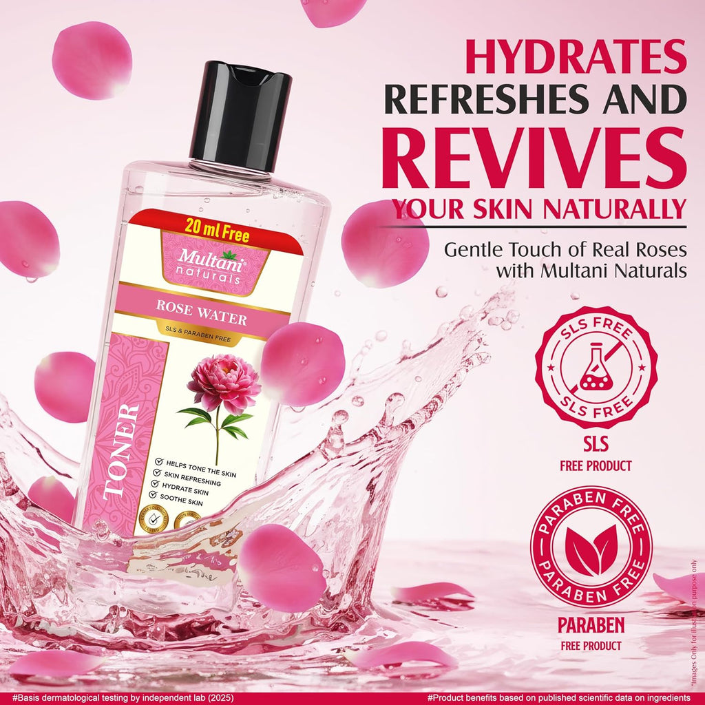Multani Naturals Rose Water Face Toner 270 ml | For Oily, Acne Prone, Dry Skin | Pore Tightening & Glowing Skin | Fades Blemishes, Brightens & Smoothens | For Women & Men
