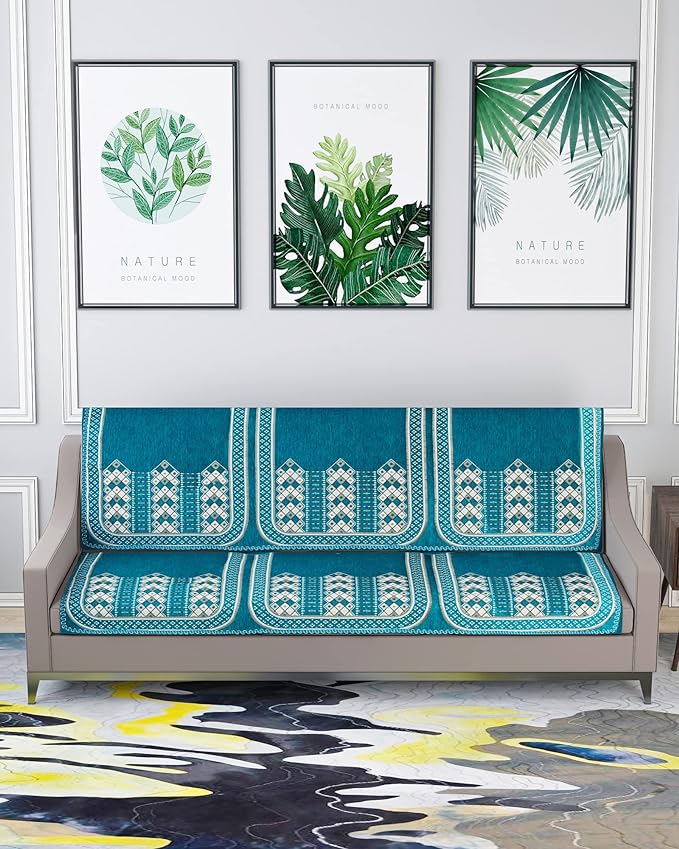 Nendle Luxurious Abstract Design Sofa Cover 3 Seater Pack of 2, Sky Blue Colour