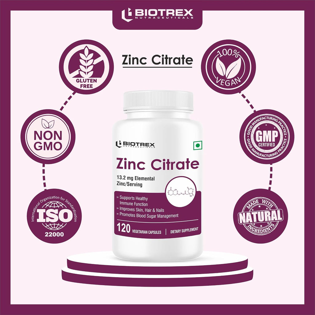 Biotrex Nutraceuticals Zinc Citrate Supplement | Immunity & Growth | Better Immune System & Overall Healing | Well Absorbed Zinc | 120 Veg Capsules