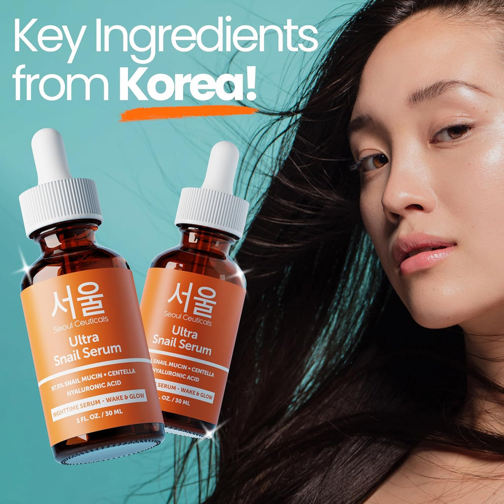 SeoulCeuticals Korean Snail Mucin Serum â€“ 97.5% Snail Serum with Hyaluronic Acid & Centella â€“ Anti Wrinkle & Anti Aging Serum for Face â€“ K Beauty Night Skincare - 30ml