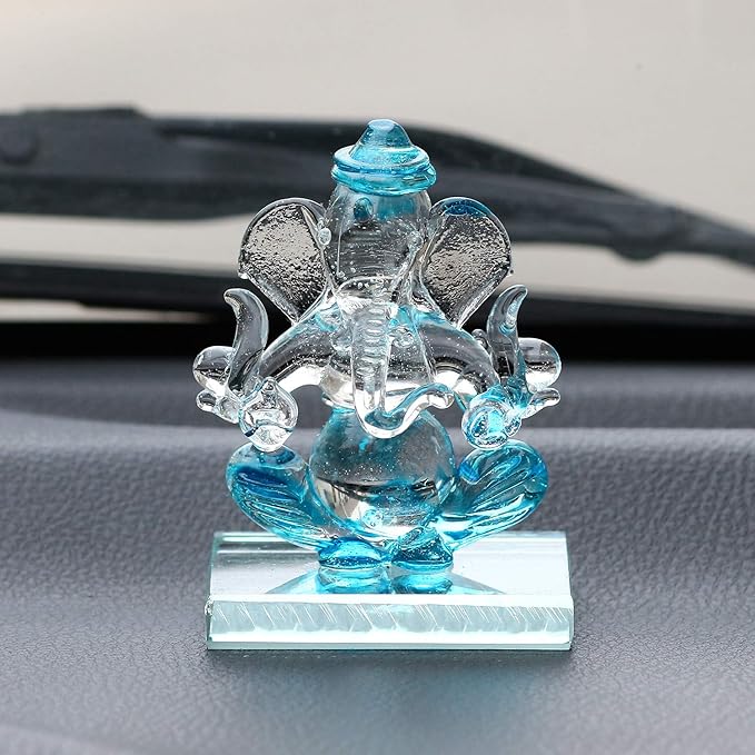 Ecraftindia Skyblue and Transparent Double Sided Crystal Car Ganesha Showpiece