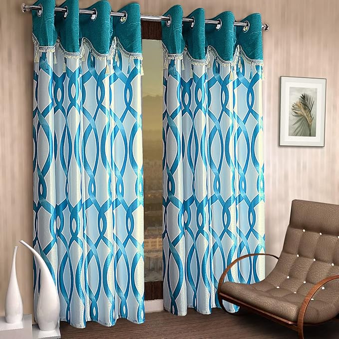 Cortina 2 Piece Abstract Design Panel Eyelet Polyester Door Curtains | 7 Feet | Blue