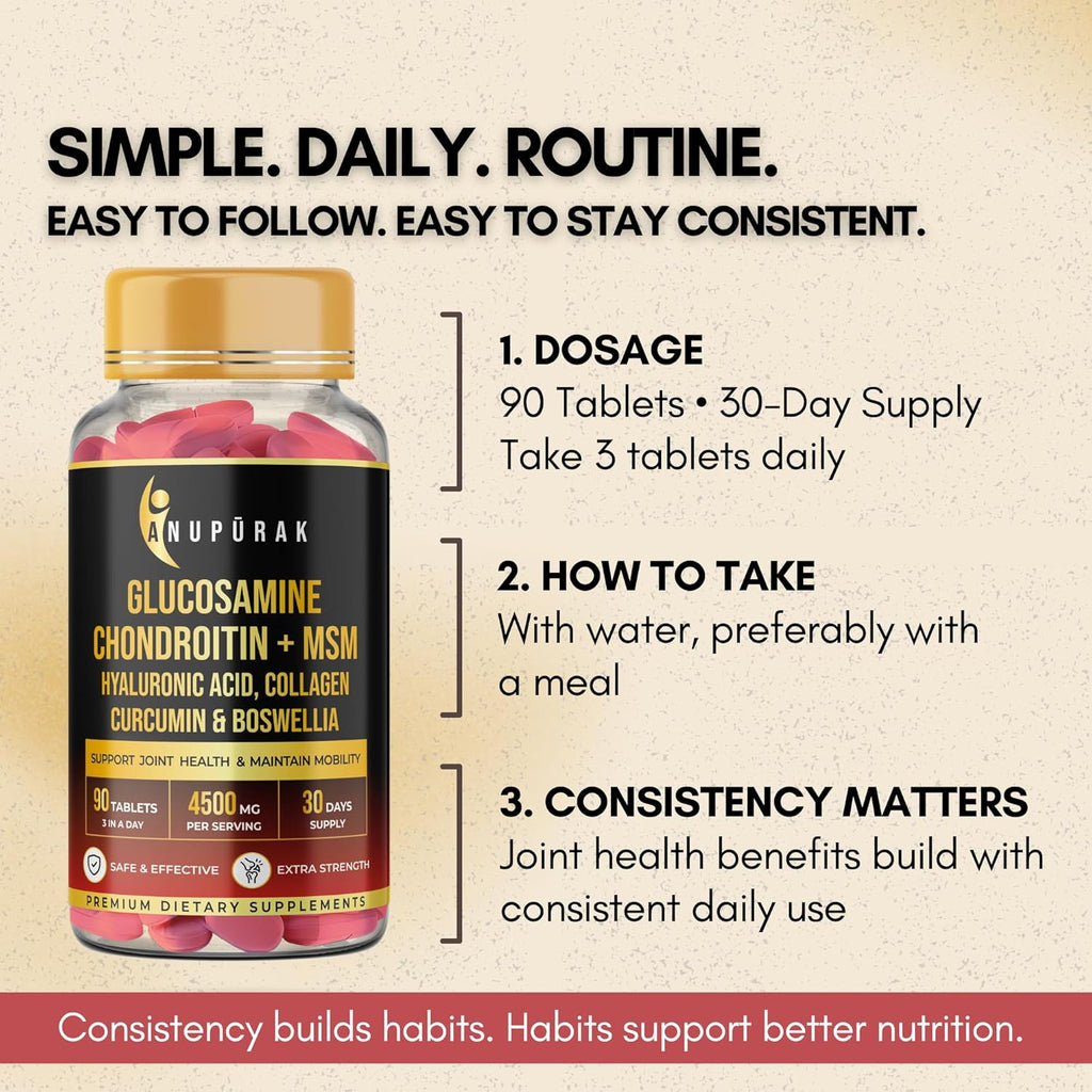ANUPURAK Glucosamine Chondroitin MSM Tablets | 4500mg | 11 Actives Joint Support Supplement : Collagen Type II, Hyaluronic Acid & Boswellia | Knee Mobility, Cartilage & Joint Health | 90 Tablets (30 Days)