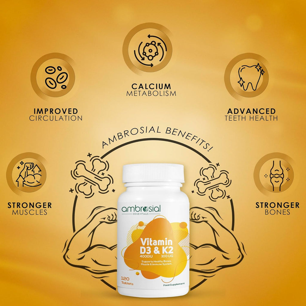 Ambrosial Vitamin D3 & K2 Tablets 4000IU Vitamin D3 + 100Âµg K2 MK-7 for Healthy Bones, Muscles, and to Support The Immune System - 120 Tablets