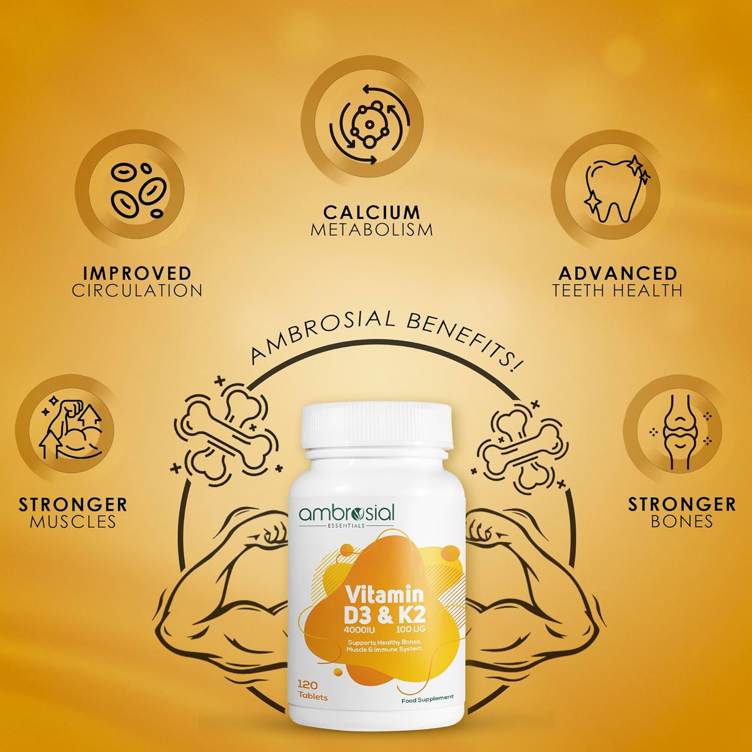 Ambrosial Vitamin D3 & K2 Tablets 4000IU Vitamin D3 + 100Âµg K2 MK-7 for Healthy Bones, Muscles, and to Support The Immune System - 120 Tablets