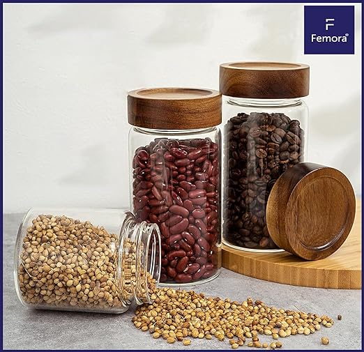 Femora Kitchen Storage Jars Borosilicate Glass With Wooden Lid Air Tight Jar | 550 Ml | Pack of 4 | Transparent