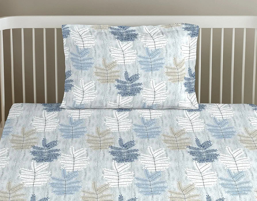 Trance Home Linen 100% Cotton 180 TC 78"X36" Single Size Elastic Fitted Bedsheet Printed With 1 Pillow Cover Colour Ferns Blue