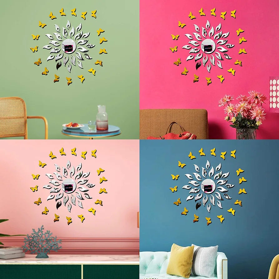 Bikri Kendra Golden Sun with Silver Butterfly Decorative Mirror Stickers for Wall Wall Mirror Stickers 3D Acrylic
