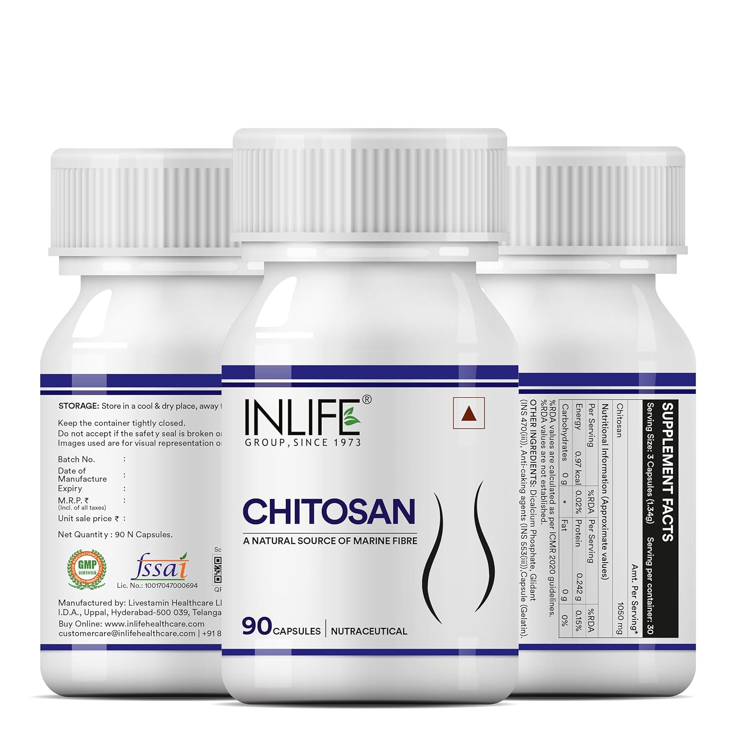 INLIFE Chitosan Supplement 1050 mg, per serving - 90 Capsules (Pack of 1)