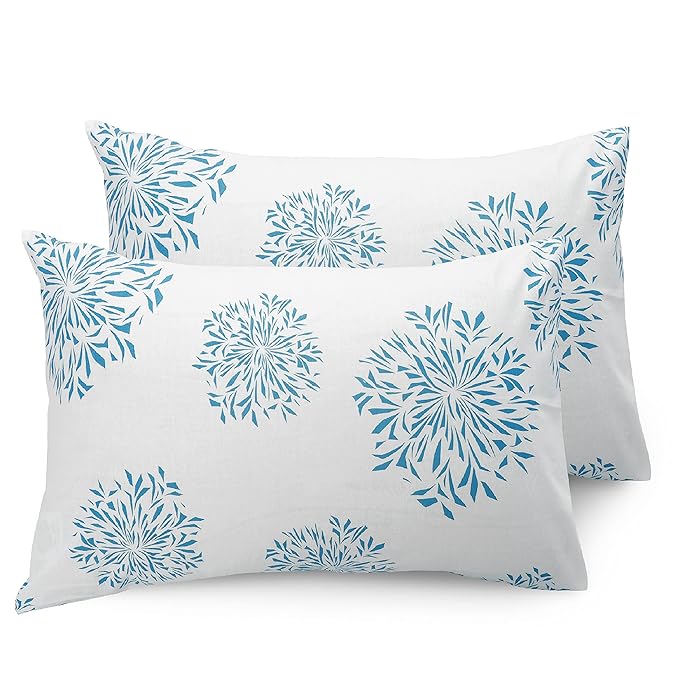 Huesland by Ahmedabad Cotton 144 TC Cotton Bedsheets for King Size Bed with 2 Pillow Covers | Blue & White