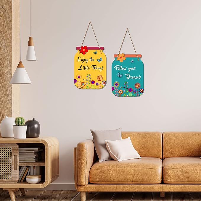 Artvibes Follow Your Dreams Quote Decorative Wall Art Mdf Wooden Wall Hanger for Living Room | Set of 2