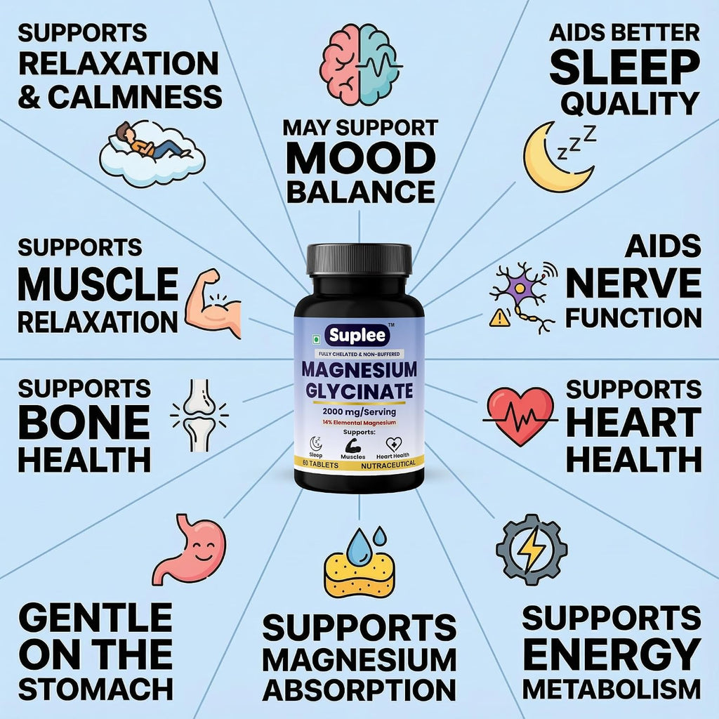 Suplee Magnesium Glycinate 2000mg per Serving | Fully Chelated Non-Buffered Bisglycinate (282mg Elemental Yield) | Supports Deep Sleep, Muscle Recovery & Heart Health | Gentle on Stomach | 60 Vegetarian Tablets