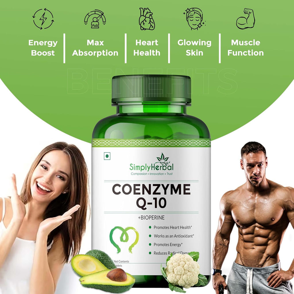 Simply Herbal CoQ10 Natural Coenzyme Q10 Tablets 200mg with Bioperine Antioxidant Supplements, Provide Superior Absorption, Supplement for Heart Health and Energy Metabolism - 60 Tablets