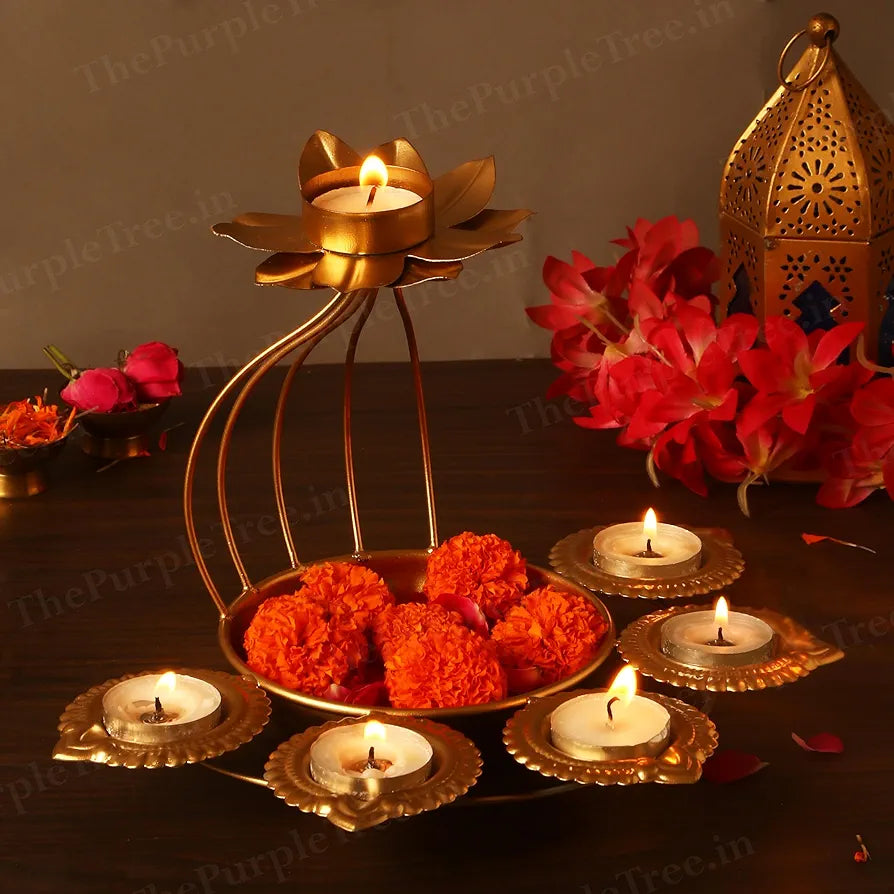 The Purple Tree Beautiful Floral Diya Urli Bowl for Floating Flowers and Tea Light Candles Gold Half Diya Flower
