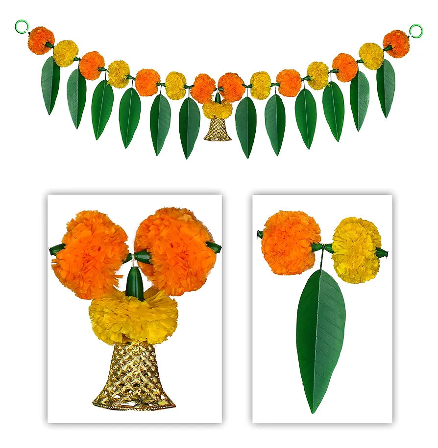 Artificial Marigold Bandanwar Pack of 4 with Mango Leaves and Bells 40 Inch Yellow and Mango