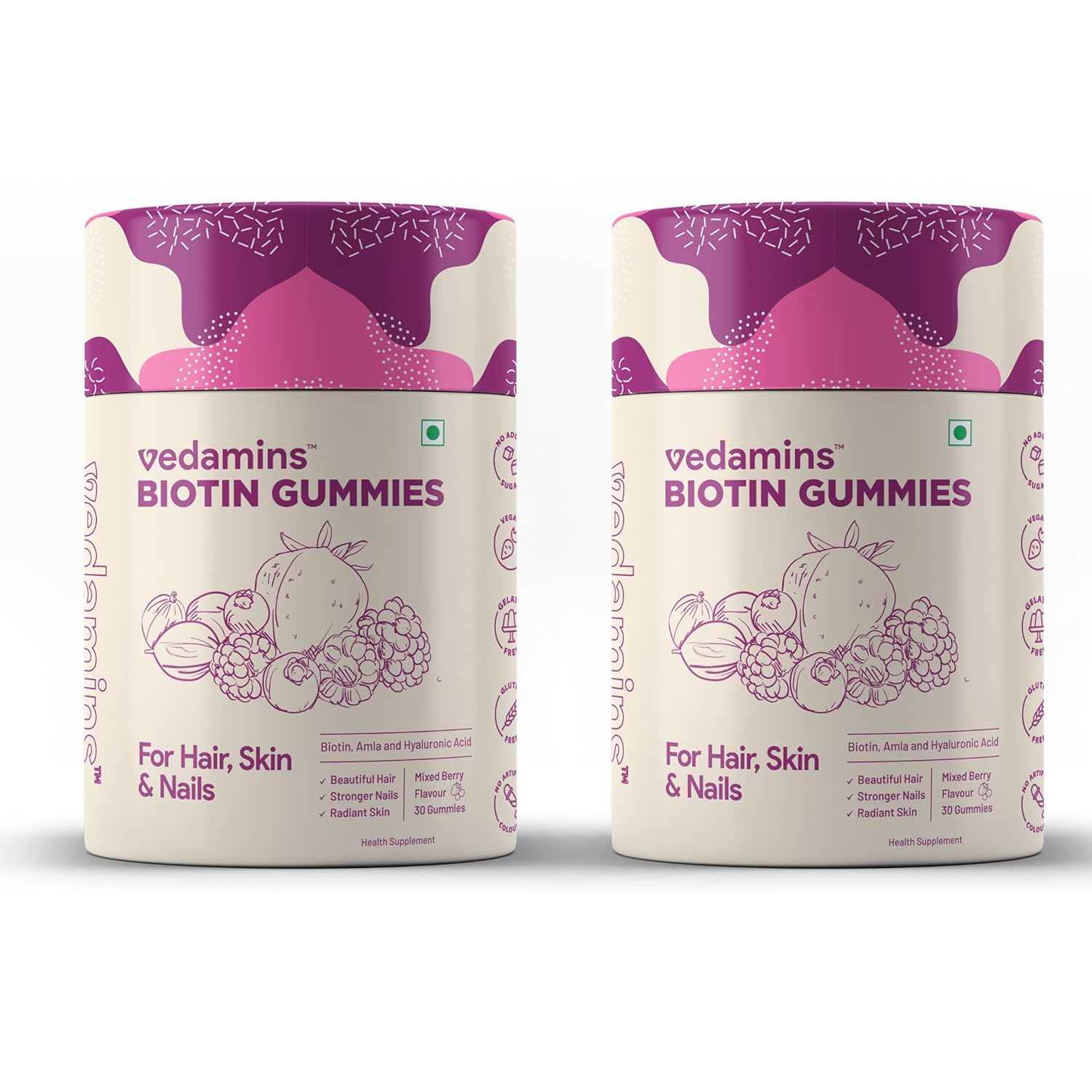Vedamins Biotin Gummies for Hair, Skin & Nails I No Added Sugar I Hair Gummies for Women & Men - 30 Gummies | Pack of 2