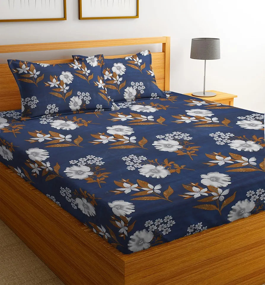 HomeKart Microfiber bedsheet for Double Bed with 2 Pillow Covers Breathable and Soft Touch 144 TC Pattren Floral Blue and White TC - 144