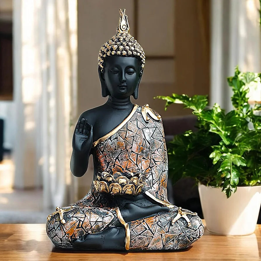 Neelaya Meditating Buddha Tealight Holder Polyresin Statue 28 Cm Black Brown