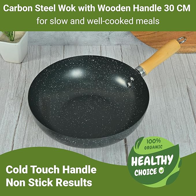 Femora Carbon Steel Wok 30 Cm With Wooden Handle | 3 Layer Non-stick Coating Wok | Black