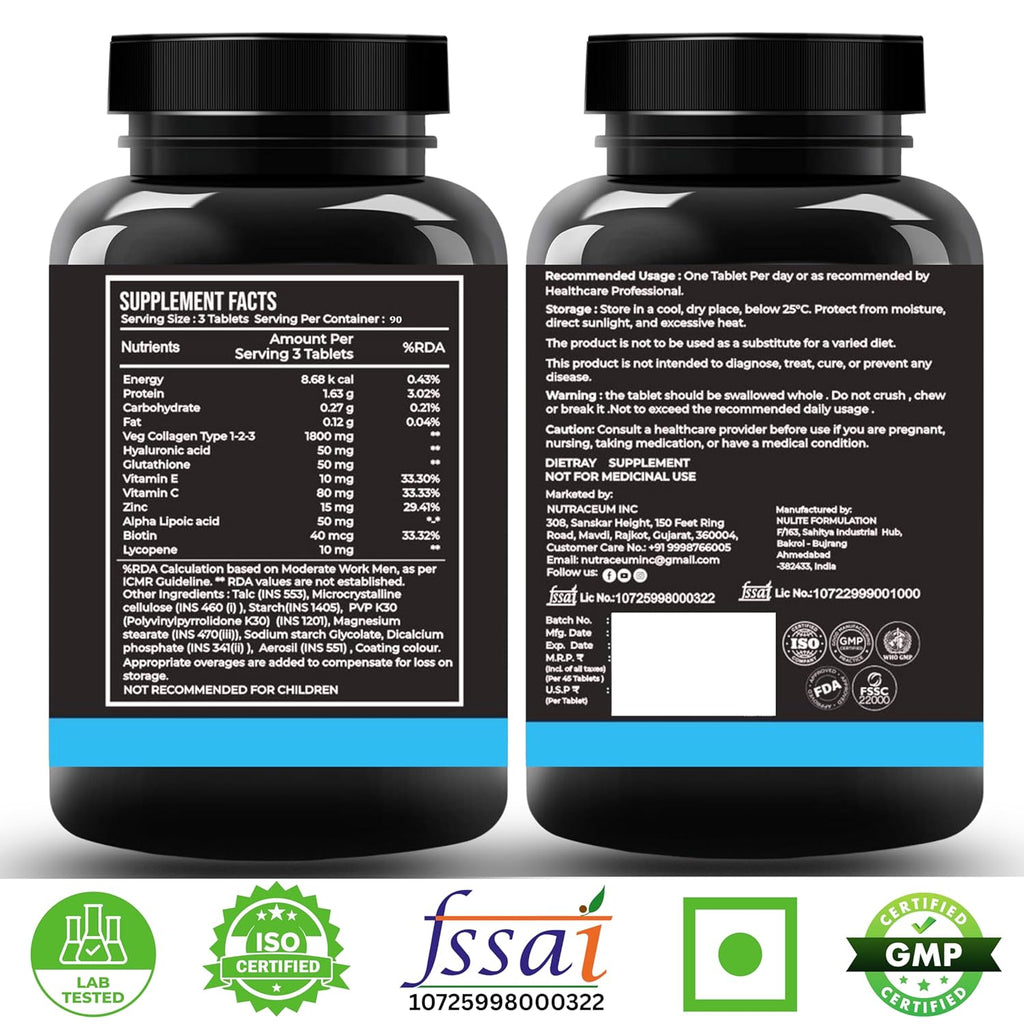 Nutrasium Multi Collagen With Glutathione For Skin Radiance, Skin Firmness & Glow Added Hyluronic acid & Vitamin C & E | 90 Tablets