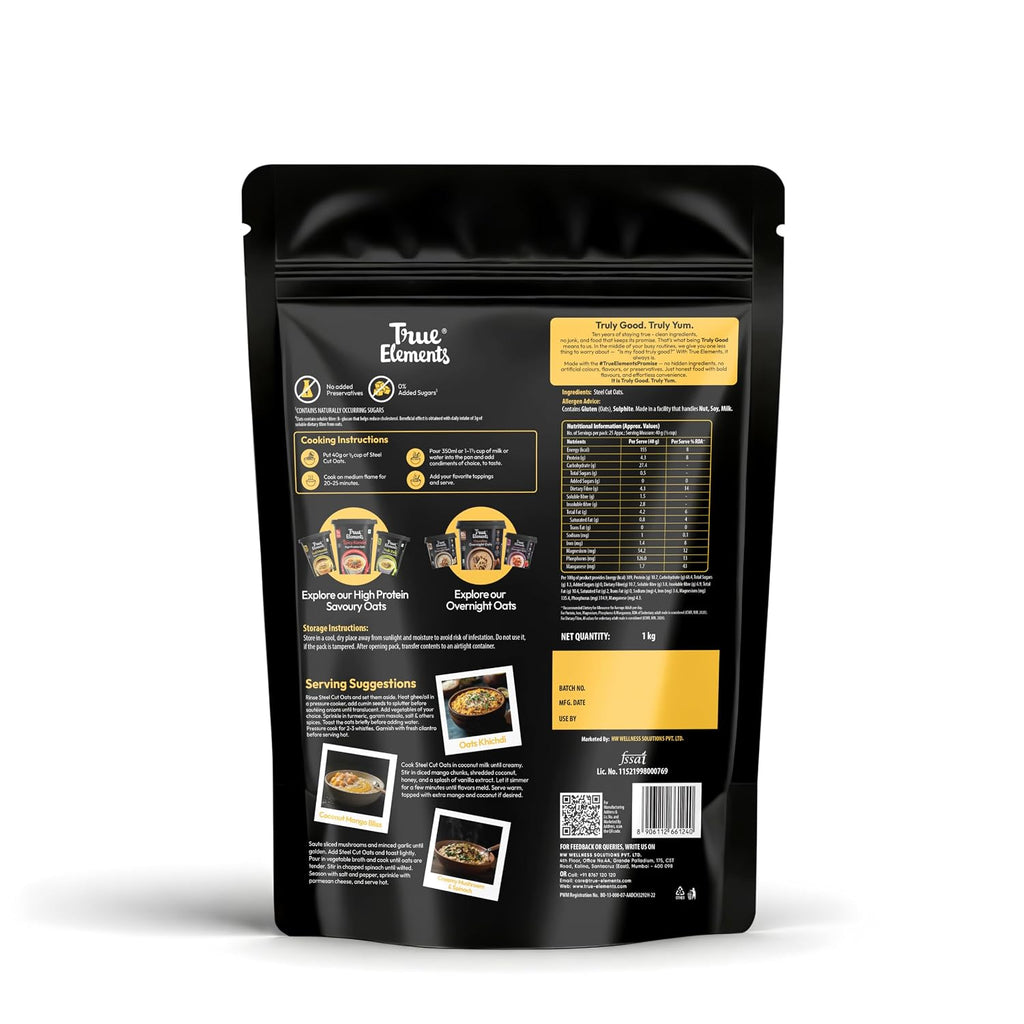True Elements Steel Cut Oats 1kg - Steel Cut Oats for Weight Management | Sugar Free | Healthy Breakfast | 100% Wholegrain | Diabetic Friendly | Breakfast Cereal
