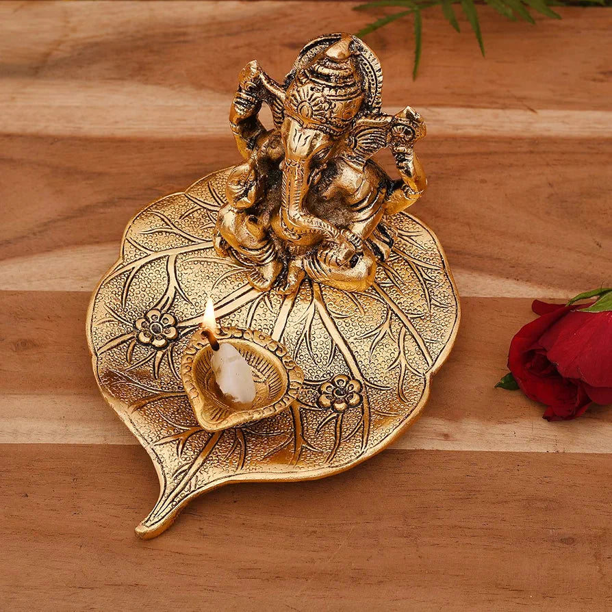 Collectible India Aluminium Ganesh with Diya Idol Medium Gold