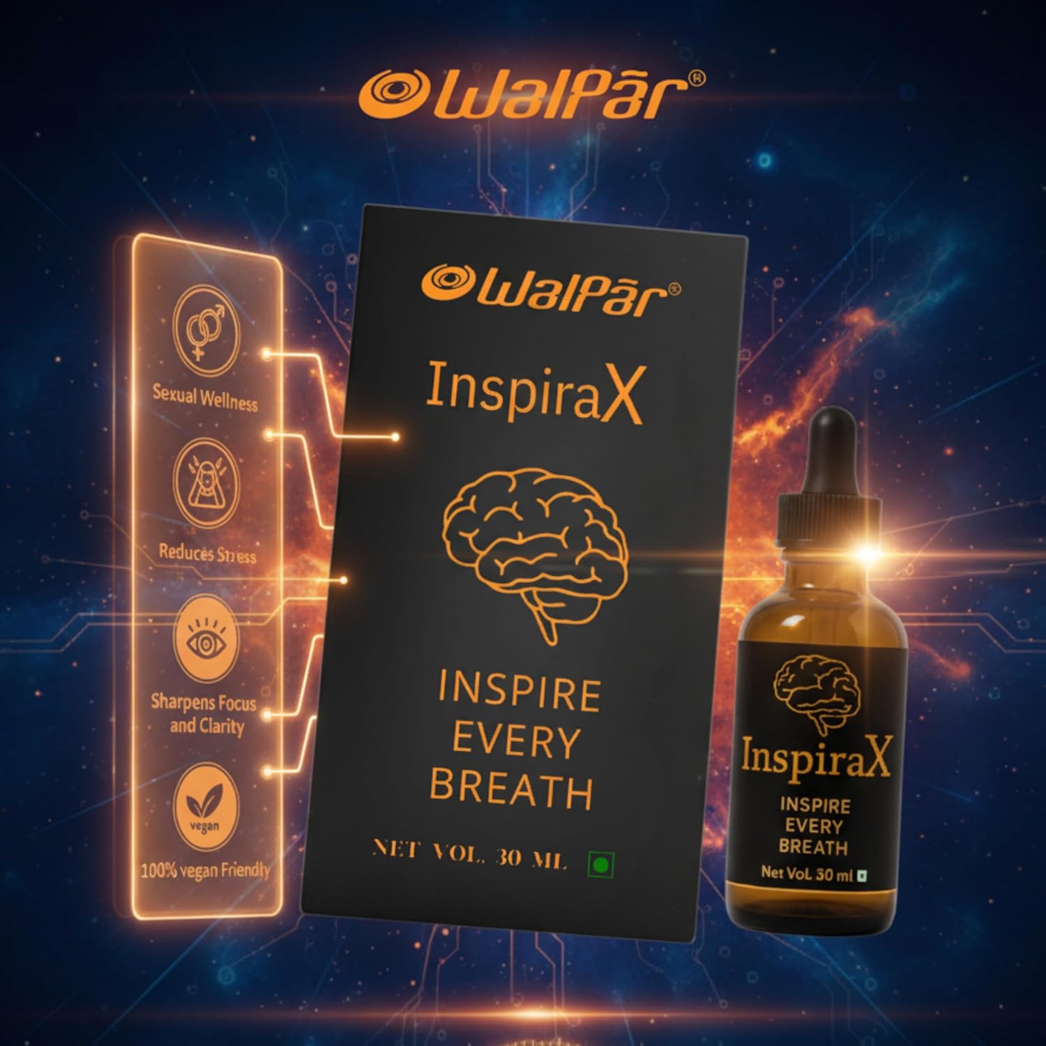 Walpar InspiraX Premium Liquid Drops | Natural Focus Energy Booster Stress Relief | Support Performance enhancer | Peppermint MCT Oil | Vegan WHO-GMP Certified | 60 Servings