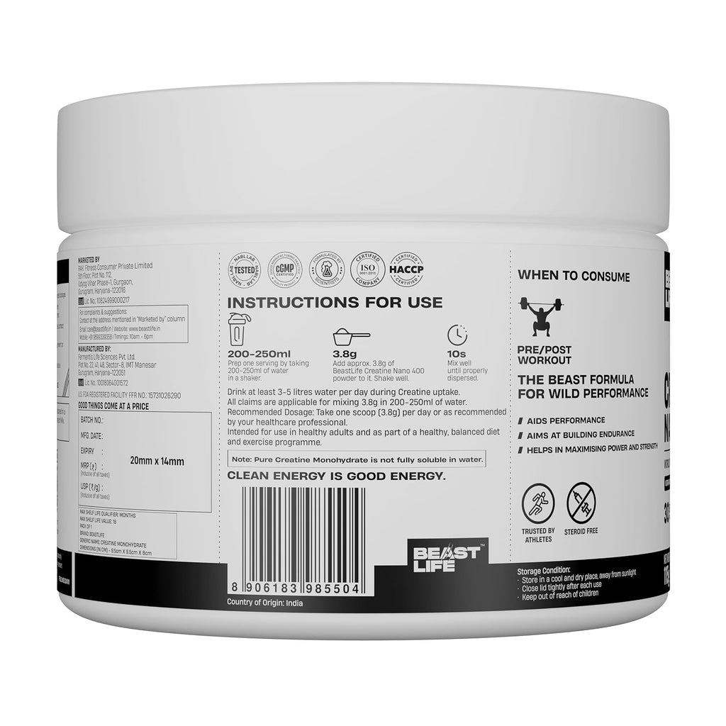 BeastLife Creatine Nano 400 | Shikanji | 115 Gm | 30 Serving | World’s First Finest & Clinically Studied Creatine | Ultra Fine, Ultra Soluble, Ultra Effective | Zero Sugar | NABL Lab Tested | Premium Sports Nutrition for Strength & Performance