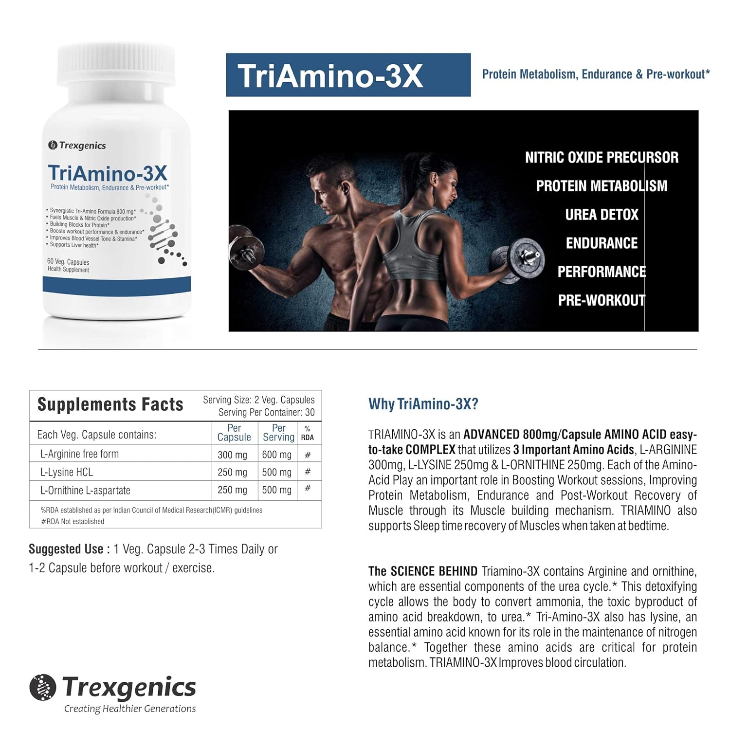 TrexgenicsÂ® TRIAMINO-3X Advanced Nitric Oxide Precursor, Protein Metabolism, Endurance, Recovery, Blood Circulation & Pre-Workout, L Arginine 300mg, Ornithine 250 mg & Lysine 250mg/Capsule (60 Veg. Capsules)