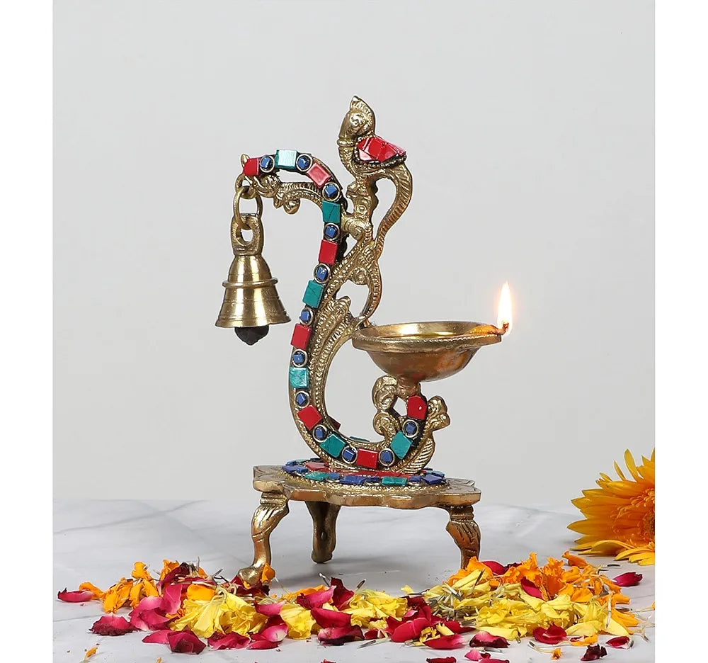 Two Moustaches Gemstone Work Ethnic Carved Peacock Design Brass Diya with Bell