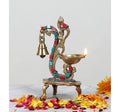 Two Moustaches Gemstone Work Ethnic Carved Peacock Design Brass Diya with Bell
