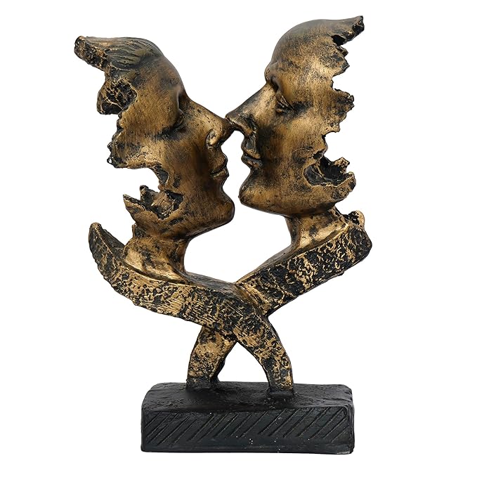 Ecraftindia Golden Polyresin Antique Finish Woman and Man Kissing Each Other Handcrafted Decorative Couple Showpiece