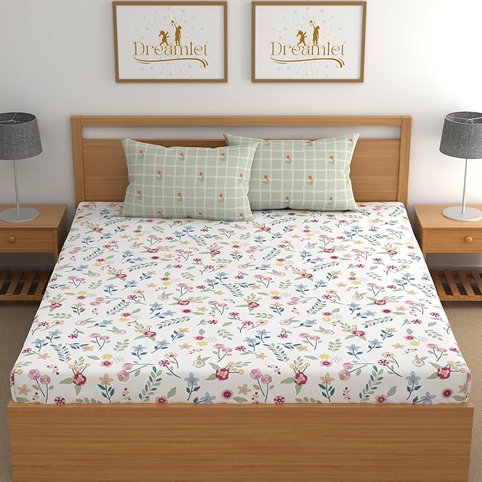 Dreamlet All Around Elastic Supersoft 210tc Premium Cotton Elastic Fitted Bedsheets With 2 King Size Pillow Covers | Multicolor