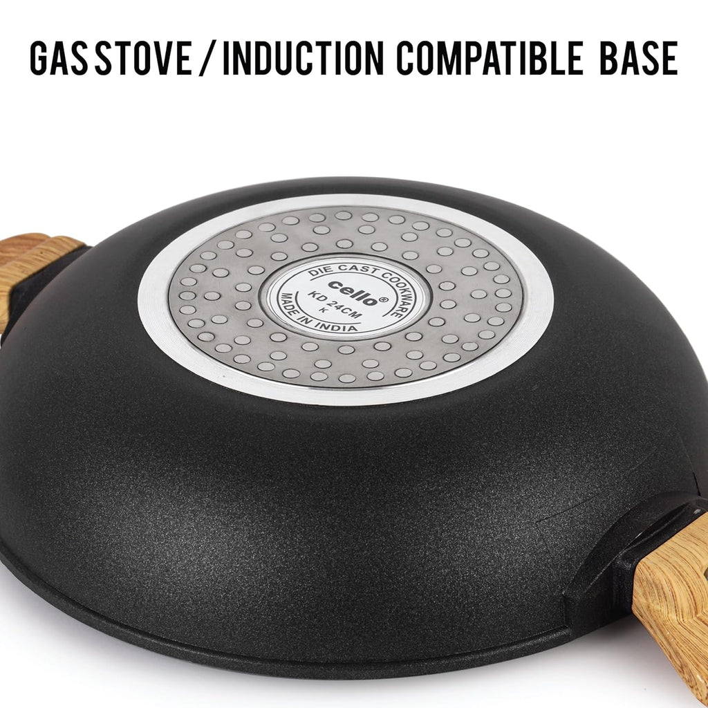 Cello Castello Die Cast Induction Aluminium Kadhai With Glass Lid 24 Cm, 4 Mm Thickness | Induction Base Kadhai | Wooden Handle