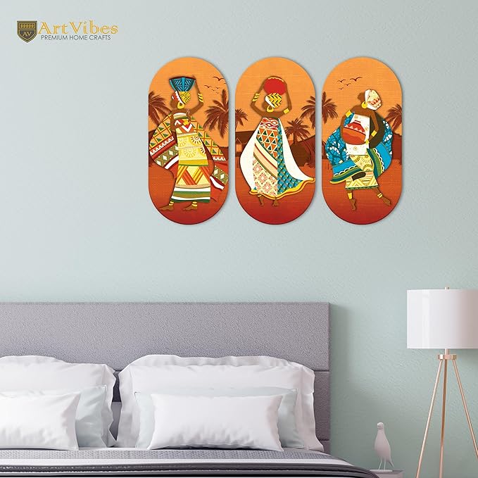 Artvibes African Women Dancing Wooden Wall Hanger for Home Set of 3 (WH_9009N)